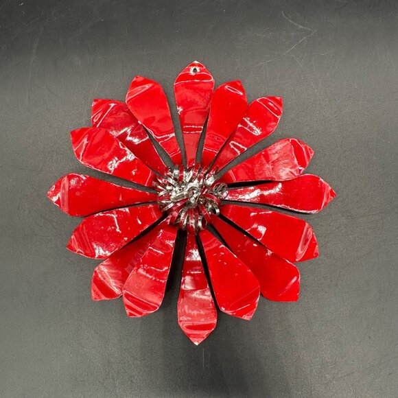 Vintage Christmas Ornament Handmade Red Silver Flower Aluminum Metal Atomic - Picture 2 of 8